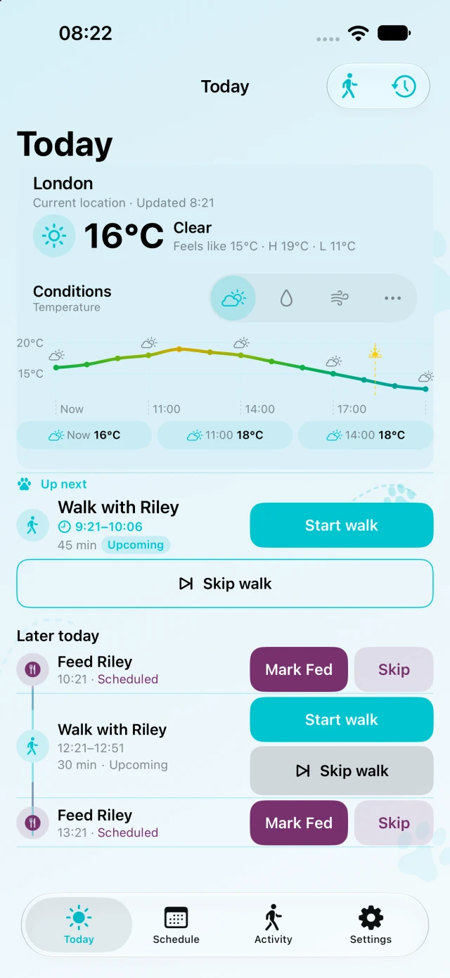 Riley Today screen showing a temperature forecast that rises and falls through the day